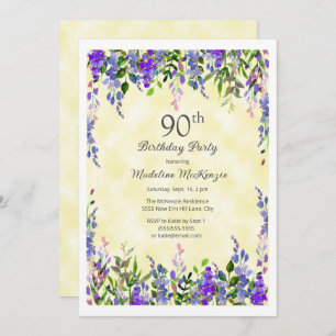 Lavender Floral Yellow 90th Birthday Party Invitation
