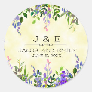Lavender Floral Yellow Wedding Thank You Monogram Classic Round Sticker