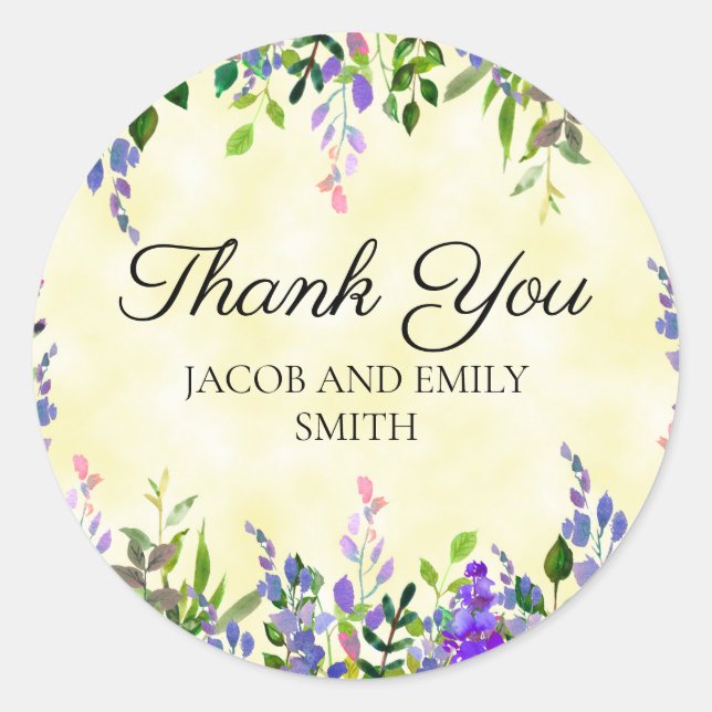 Lavender Floral Yellow Wedding Thank You Sticker (Front)