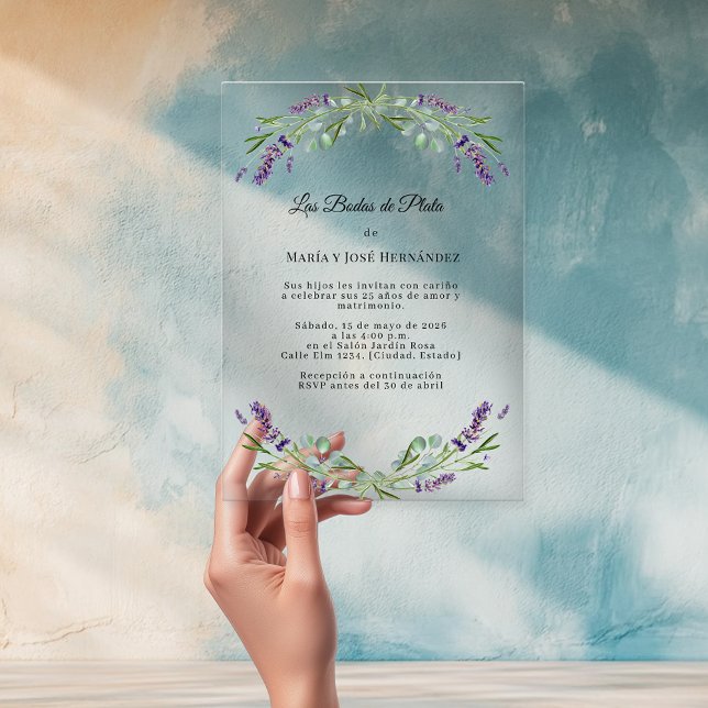 Lavender Florals Acrylic Invitación Bodas de Plata Invitations (Creator Uploaded)