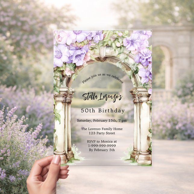Lavender florals arch beige birthday clear acrylic invitations (Creator Uploaded)