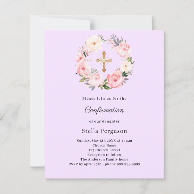 Lavender florals cross Confirmation invitation (Front)
