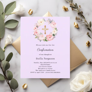 Lavender florals cross Confirmation invitation