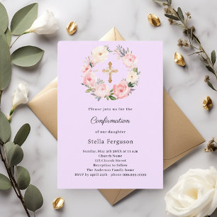 Lavender florals cross Confirmation Invitation