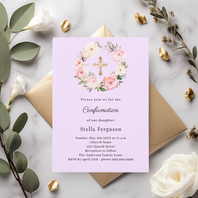 Lavender florals cross Confirmation Invitation (Creator Uploaded)