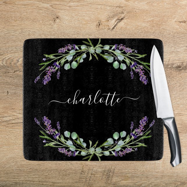 Lavender florals eucalyptus greenery name black cutting board (Creator Uploaded)