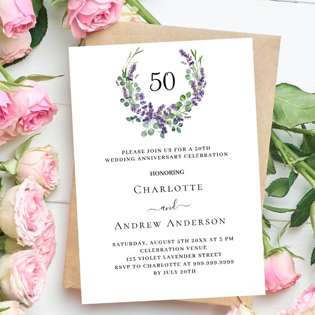 Lavender florals luxury 50th wedding anniversary invitation (Creator Uploaded)