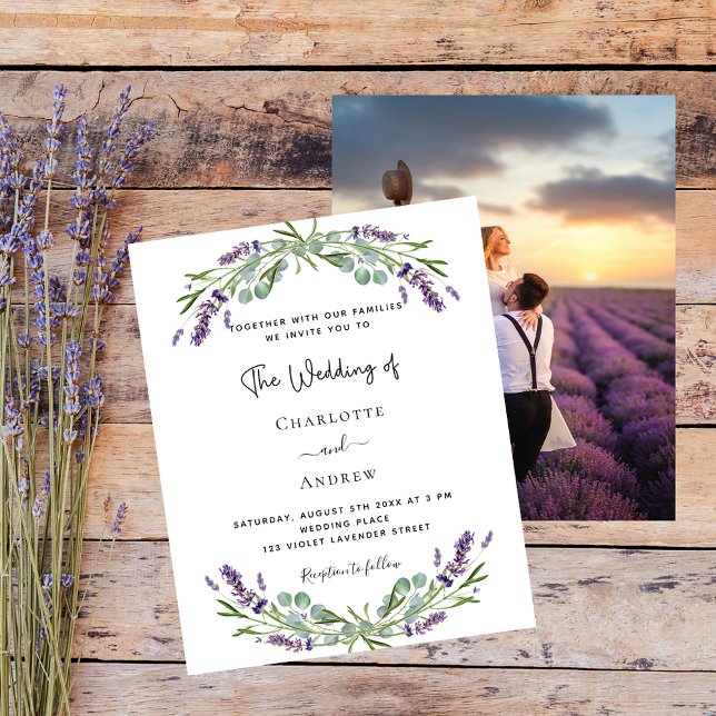 Lavender florals photo budget wedding invitation (Creator Uploaded)