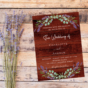 Lavender florals rustic brown wood wedding invitation