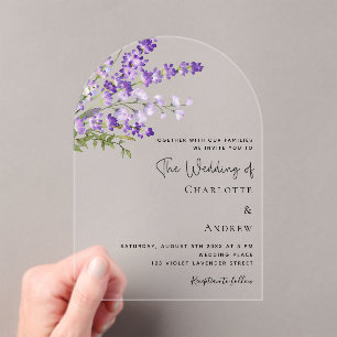 Lavender florals violet clear arch wedding  acrylic invitations