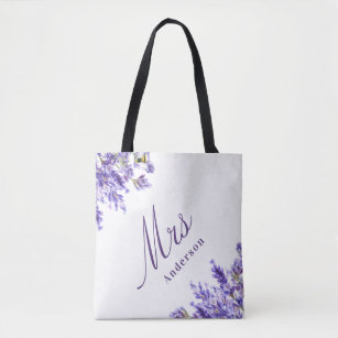 Lavender florals violet script mrs name wedding tote bag