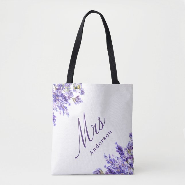 Lavender florals violet script mrs name wedding tote bag (Front)