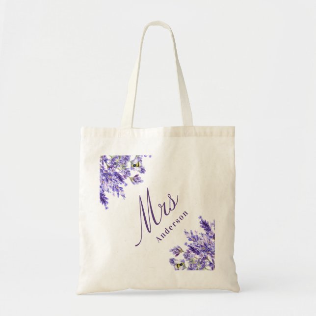 Lavender florals violet script mrs name wedding tote bag (Front)