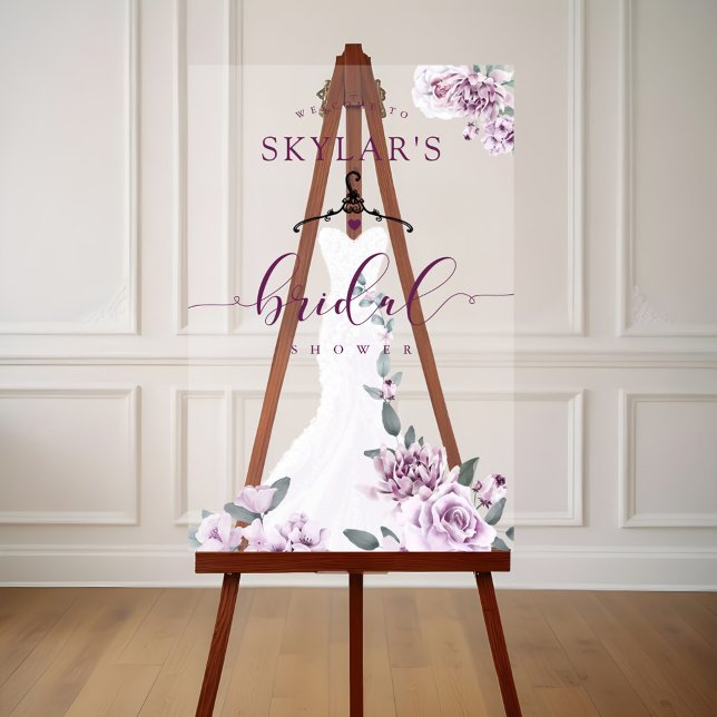 Lavender Florals White Wedding Dress Bridal Shower Acrylic Sign (Lavender Florals White Wedding Dress Bridal Shower Acrylic Sign)