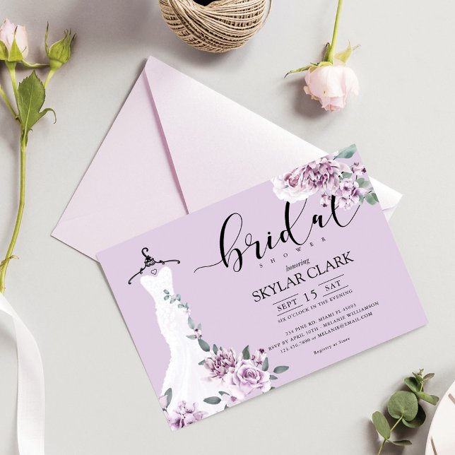 Lavender Florals White Wedding Dress Bridal Shower Invitation (Creator Uploaded)