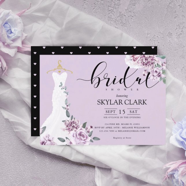 Lavender Florals White Wedding Dress Bridal Shower Invitation (Creator Uploaded)