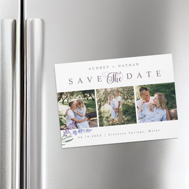 Lavender Flower 3 Photos Save The Date Magnet Card (Lavender Flower 3 Photos Save The Date Magnet Card)