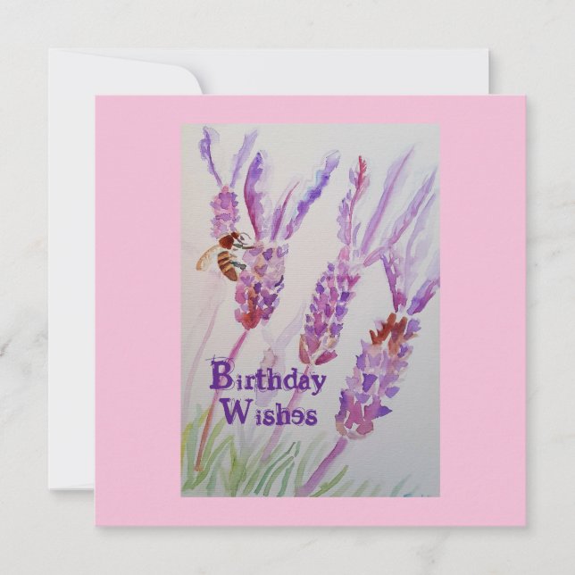 Lavender Flower and Bee Watercolor Birthday Card (Front)