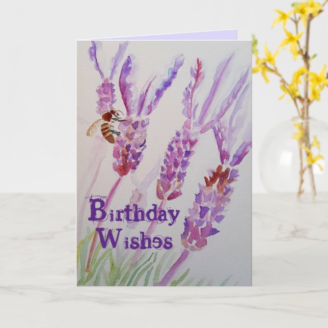 Lavender Flower and Bee Watercolor Birthday Card (Yellow Flower)