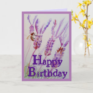 Lavender Flower and Bee Watercolor Birthday Card