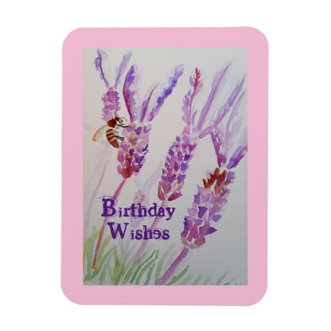 Lavender Flower and Bee Watercolor Birthday Card Magnet (Vertical)