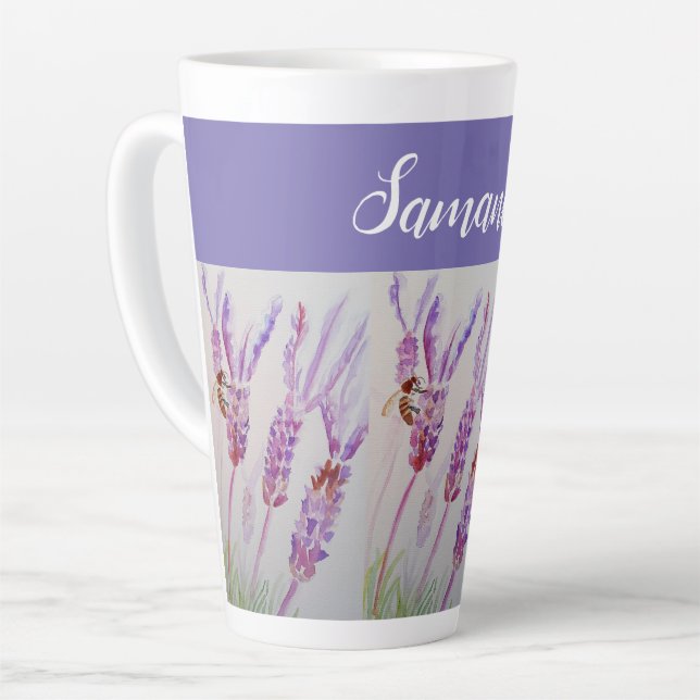 Lavender Flower and Bee Watercolor Birthday Latte Mug (Left Angle)