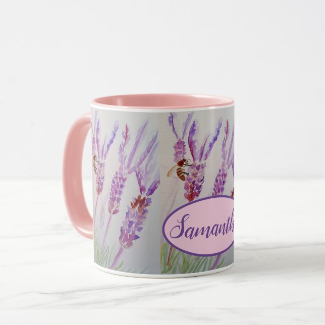 Lavender Flower and Bee Watercolor Birthday Mug (Front Left)