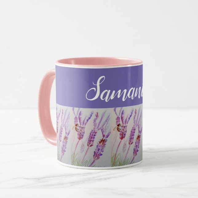 Lavender Flower and Bee Watercolor Birthday Mug (Front Left)