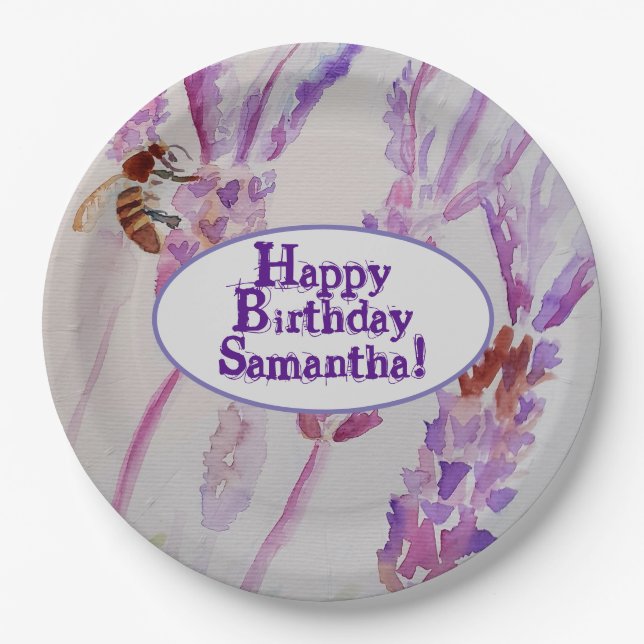 Lavender Flower and Bee Watercolor Birthday Paper Plate (Front)