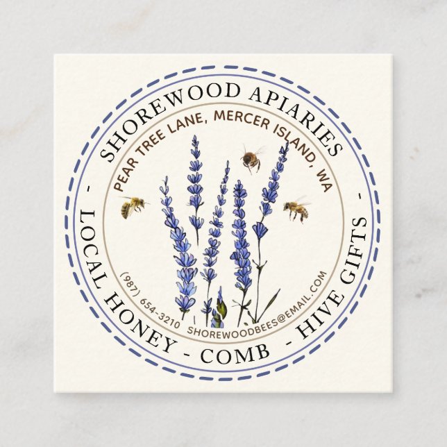 Lavender Flower Bees Honey Ivory Dashed Border Square Business Card (Front)