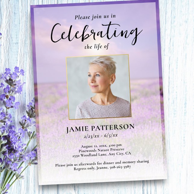 Lavender Flower Celebration of Life Photo Funeral  Invitation (Creator Uploaded)