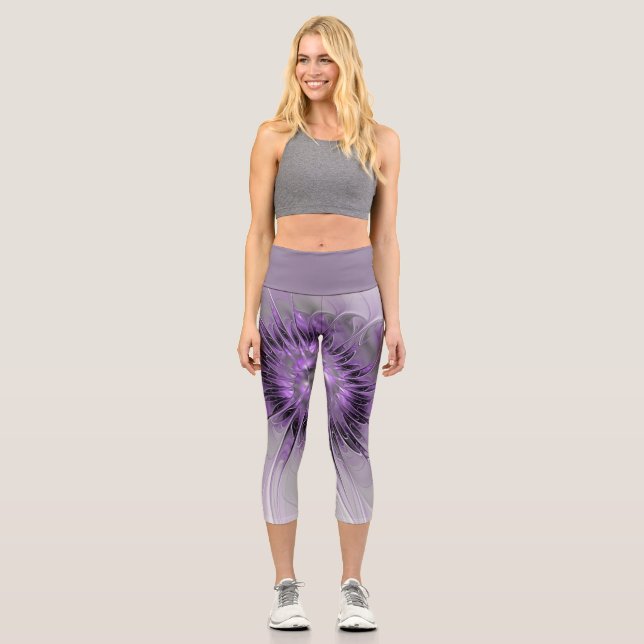 Lavender Flower Dream Modern Abstract Fractal Art Capri Leggings (Front)