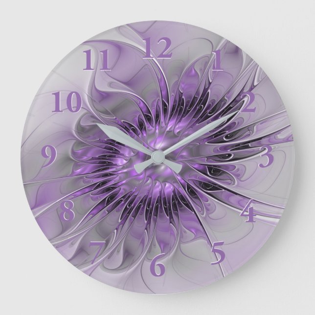 Lavender Flower Dream Modern Abstract Fractal Art Large Clock (Front)