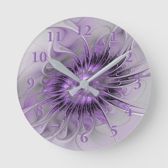Lavender Flower Dream Modern Abstract Fractal Art Round Clock (Front)