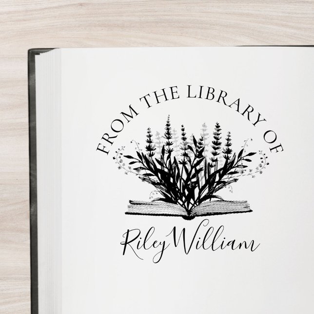 Lavender Flower Grow From Book Bookplate Rubber Stamp (In situ)