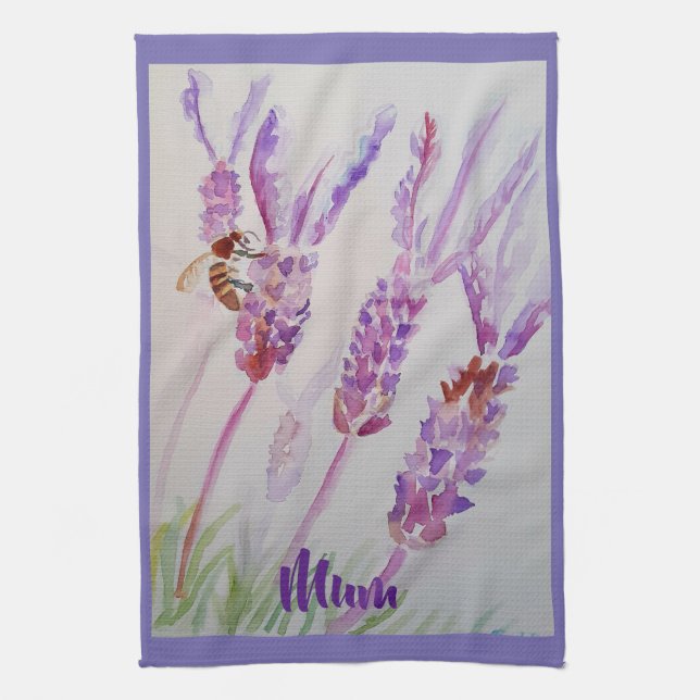 Lavender Flower Purple Watercolour and Bee Tea Tow Tea Towel (Vertical)