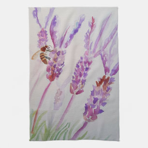 Lavender Flower Purple Watercolour and Bee Tea Towel