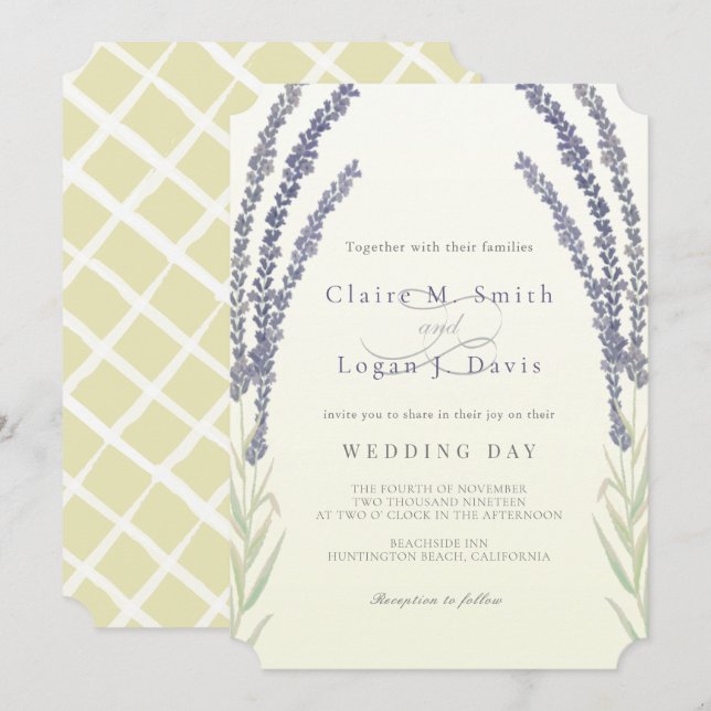 Lavender Flower Sprigs Watercolor Yellow Wedding Invitation (Front/Back)