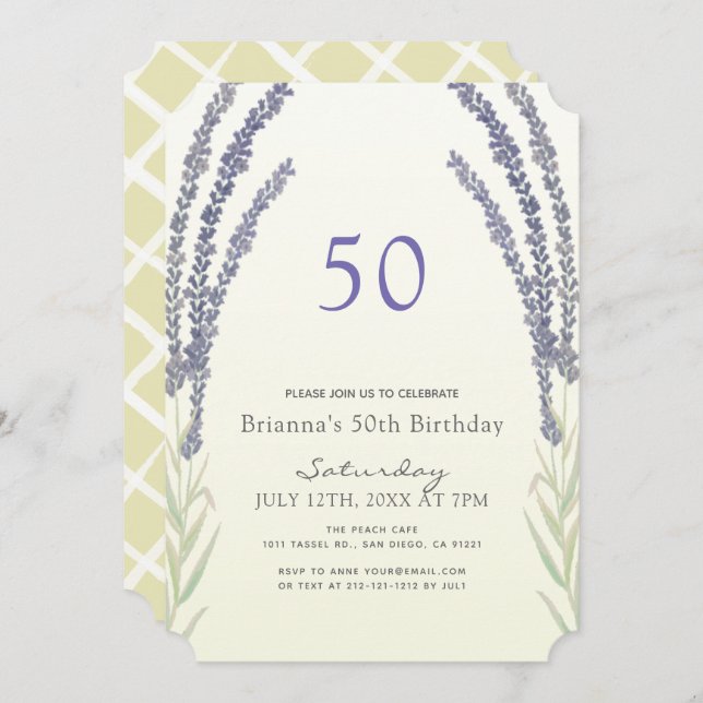 Lavender Flower Sprigs Yellow 50th Birthday Invitation (Front/Back)