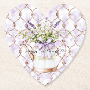 Lavender Flowers Bow Birthday Paper Coaster