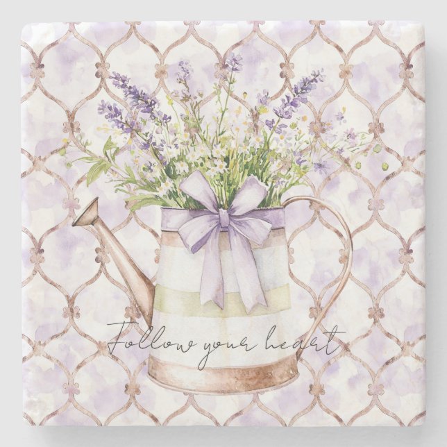 Lavender Flowers Bow Stone Coaster (Front)