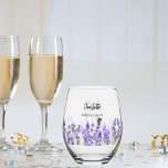 Lavender flowers bridesmaid stemless wine glass<br><div class="desc">Transparent background. Personalise and add your bridesmaid's name. Black text. Decorted with lavender flowers and bees.</div>