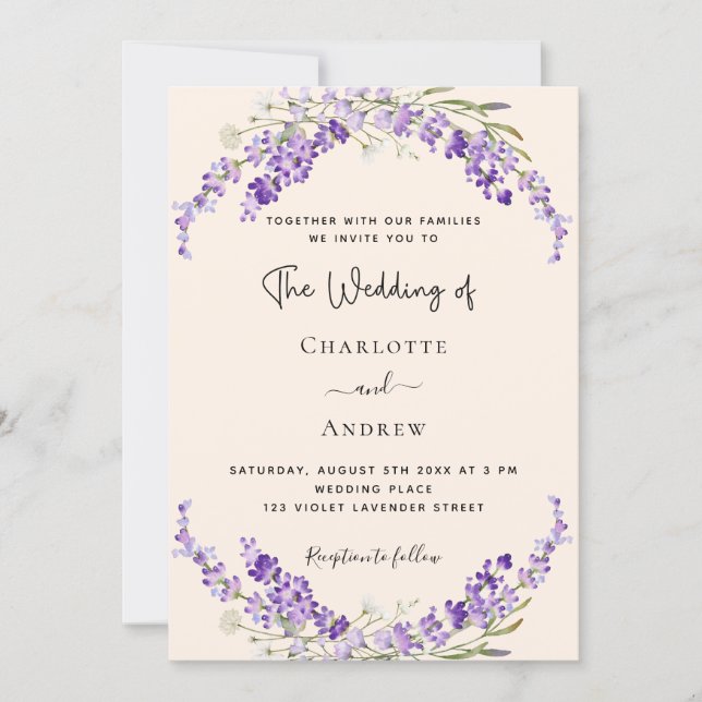Lavender flowers champage cream wedding invitation (Front)
