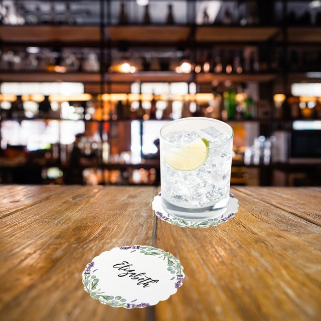 Lavender flowers eucalyptus greenery name paper coaster (Creator Uploaded)