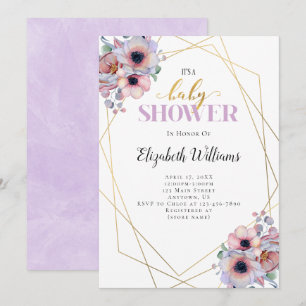 Lavender Flowers Geometric Frame Baby Shower Invitation