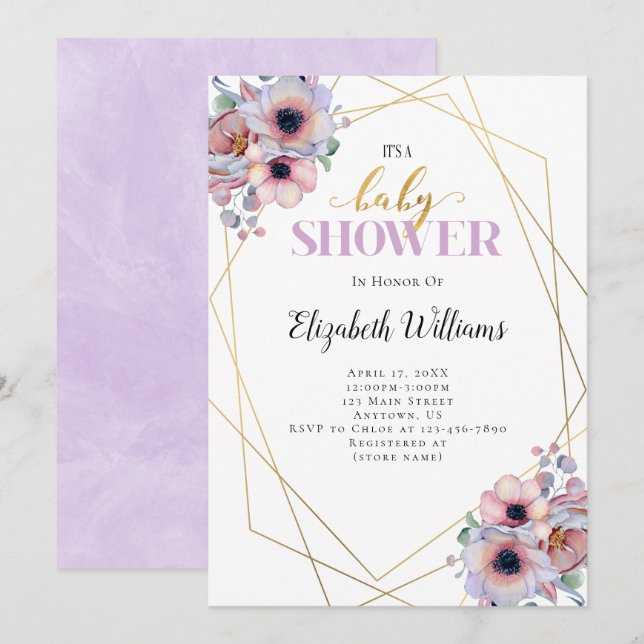 Lavender Flowers Geometric Frame Baby Shower Invitation (Front/Back)