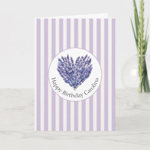 Lavender Flowers Heart Stripes Birthday Card