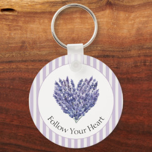 Lavender Flowers Heart Stripes Key Ring