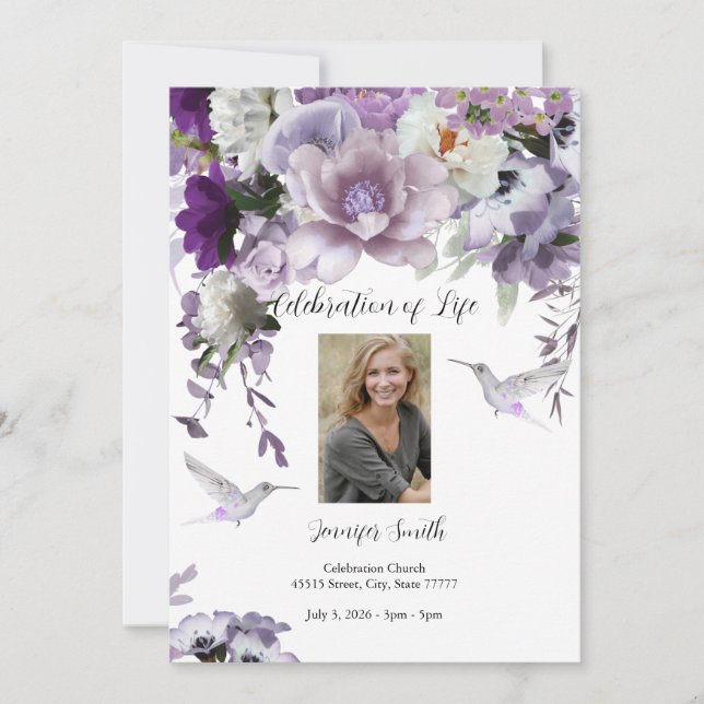 Lavender Flowers Hummingbird Invitation (Front)