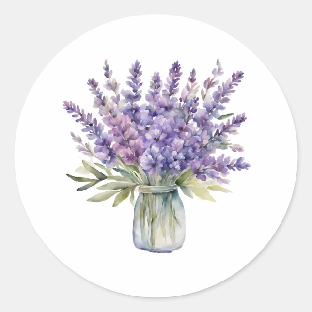 Lavender Flowers in a Jar Watercolor  Classic Round Sticker (Front)